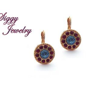 Swarovski Crystal Montana Blue and Siam Red Daisy Flower Drop Earrings Rose Gold